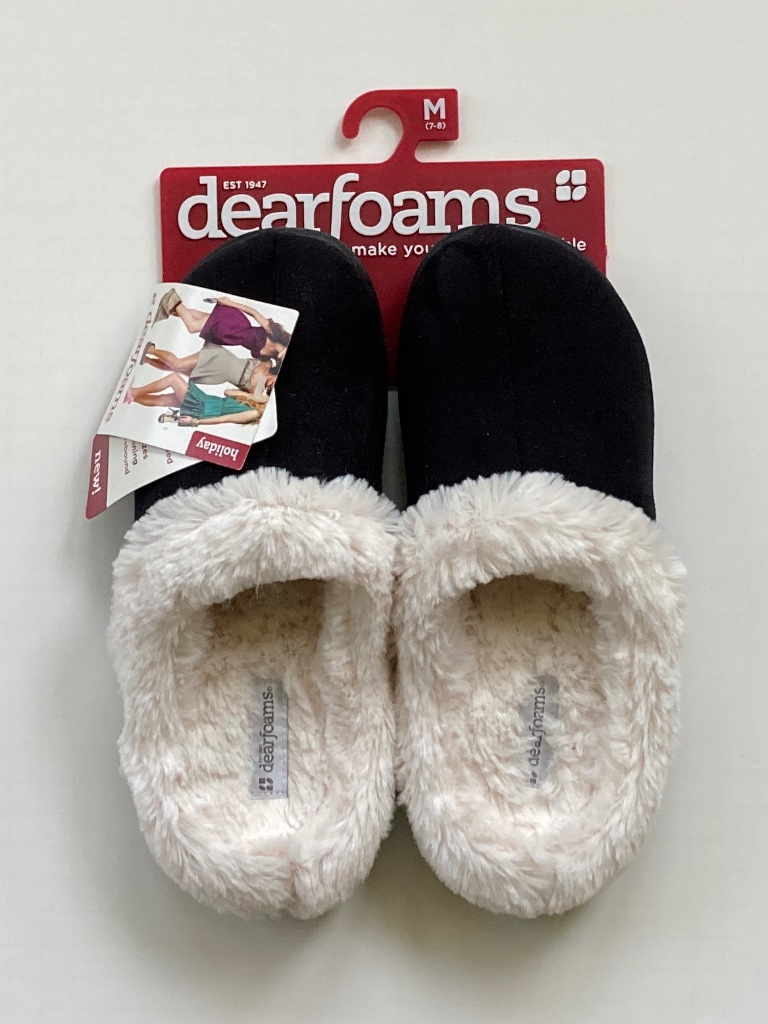 Dearfoams Black Velvety-Soft Slippers/White Faux Fur Trim & Lining/M(7-8)/Nwt!!!